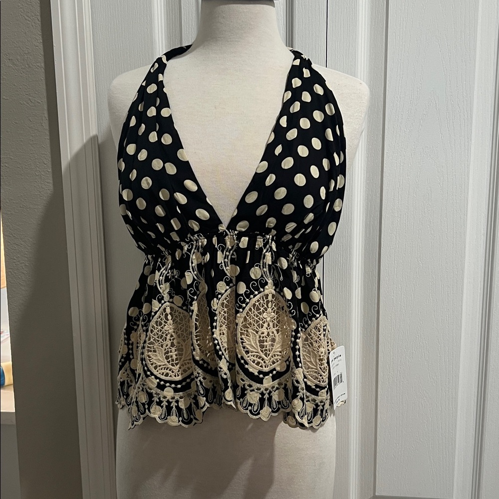 Free People Black and Cream Polka Dot Crochet-Trim Camisole